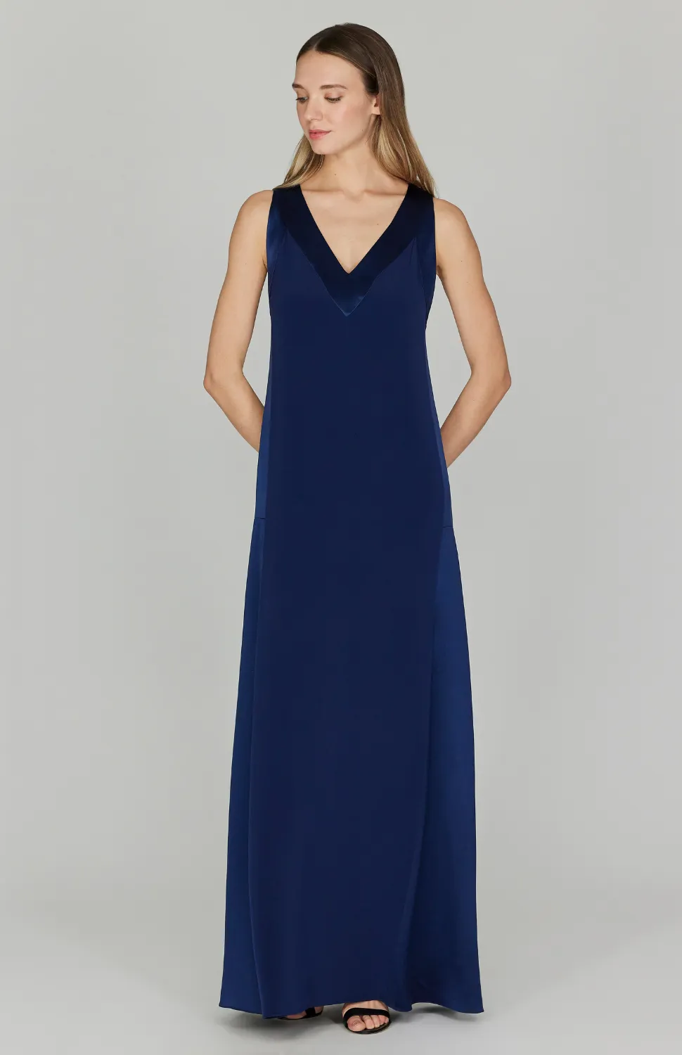 Silk V Neck Gown w/ Satin Contrast Panels