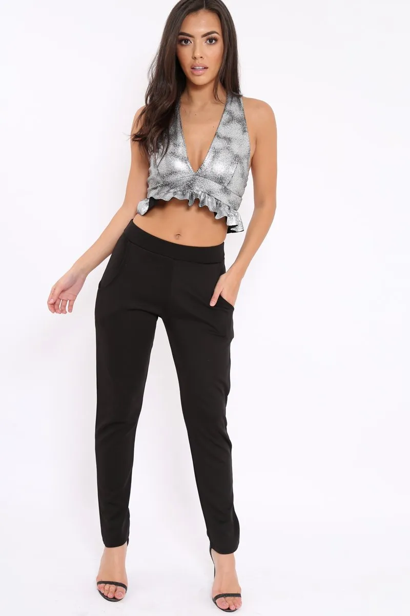 Silver Metallic Frill Hem Racer Back Crop Top - Lucie