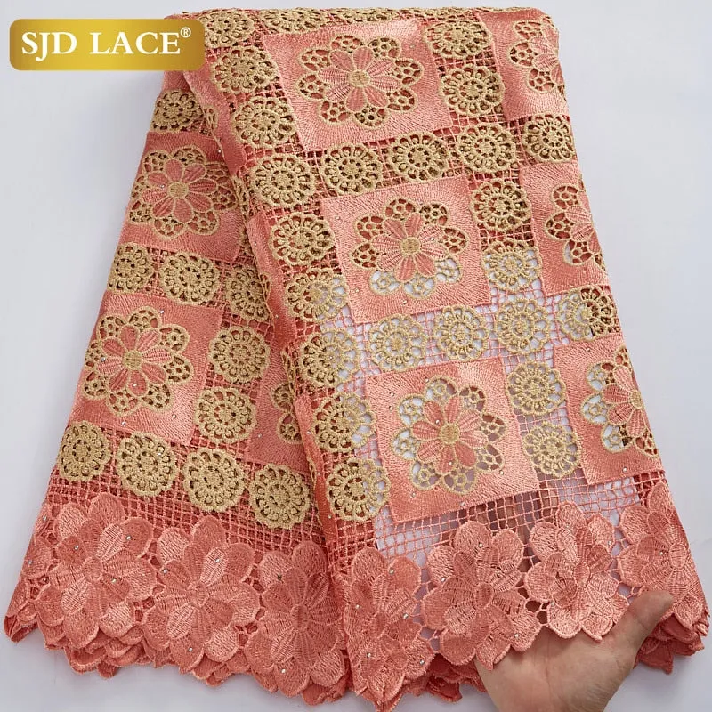 SJD LACE 2021Skin Friendly Classic African Eembroidery Guipure Cord with Stones Fabric Nigerian Celebration lace For Party A2547