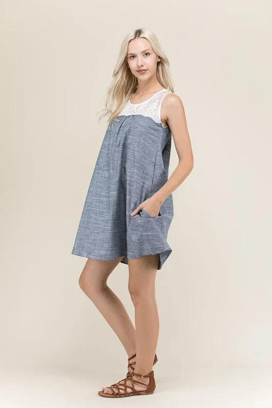 Sleeveless Chambray Dress with Lace Contrast Top