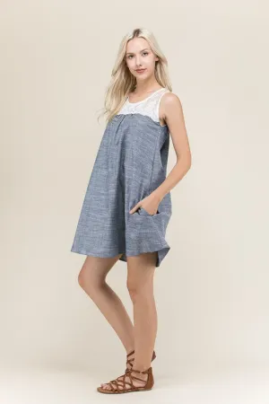 Sleeveless Chambray Dress with Lace Contrast Top