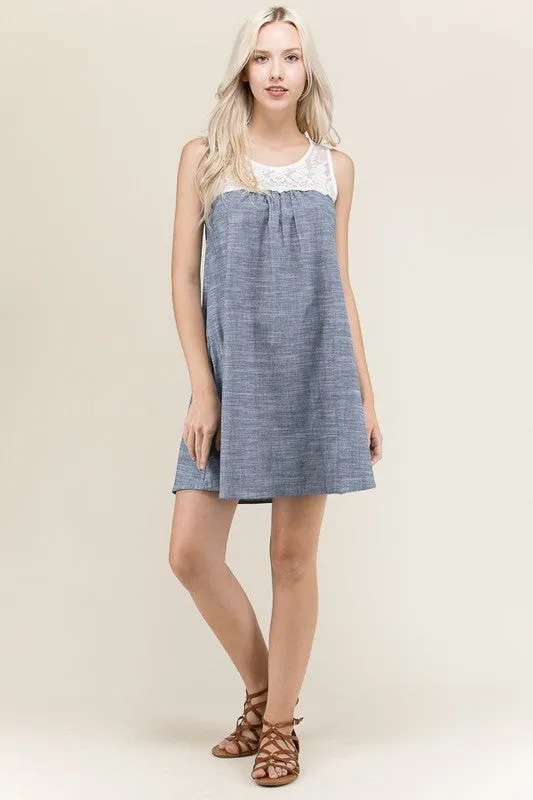 Sleeveless Chambray Dress with Lace Contrast Top