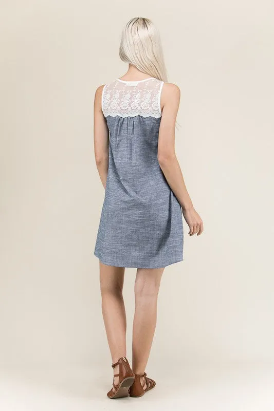 Sleeveless Chambray Dress with Lace Contrast Top