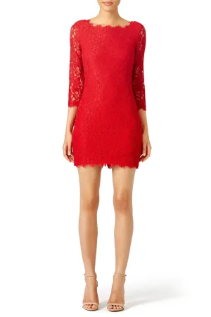 Slim Mini Cocktail Dress Red Lace 3/4 Sleeves