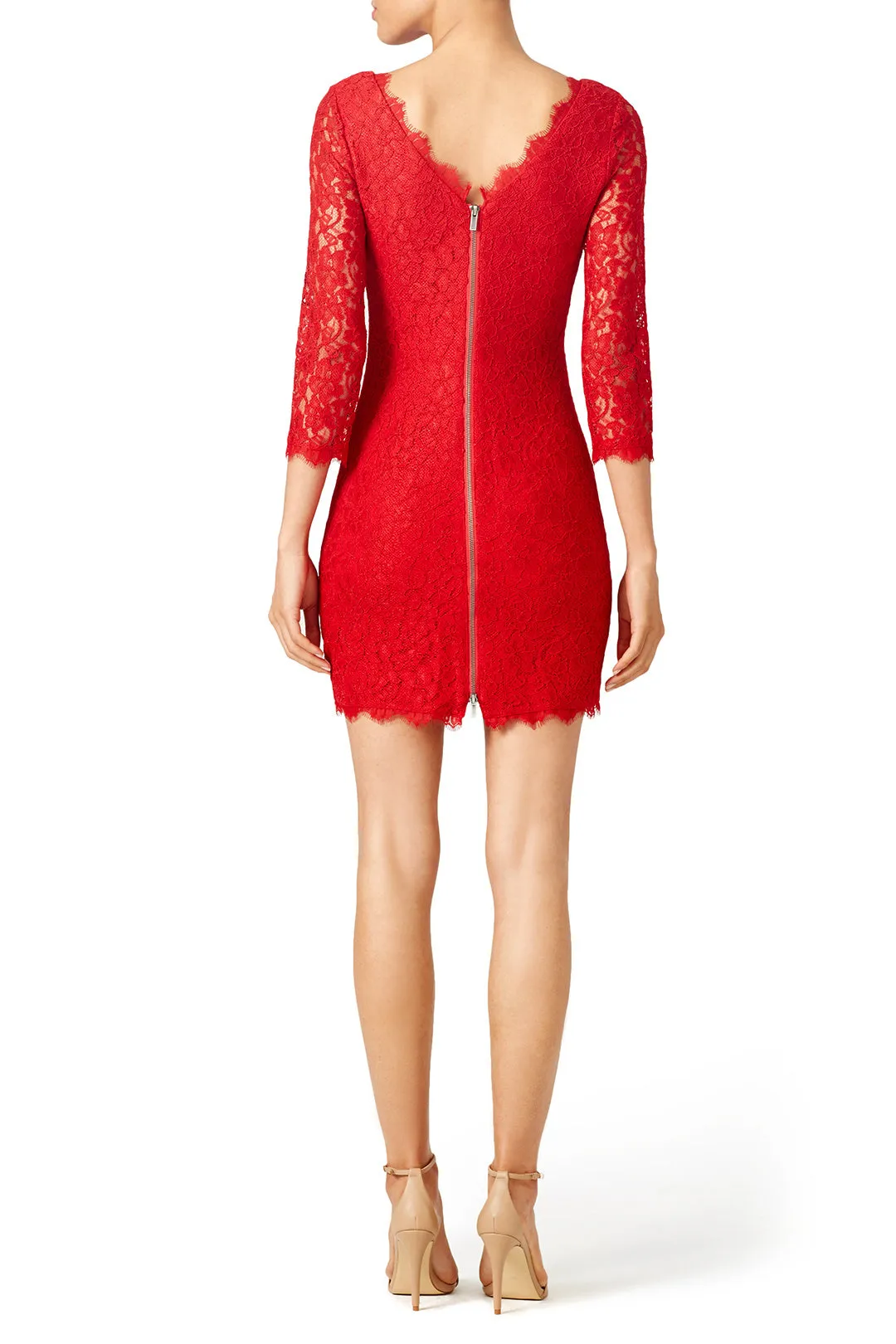 Slim Mini Cocktail Dress Red Lace 3/4 Sleeves