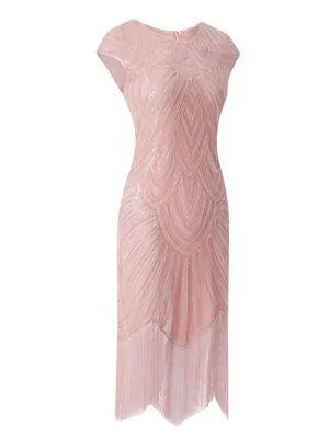 Soft Pink Beaded Cap Sleeve Great Gatsby Dress