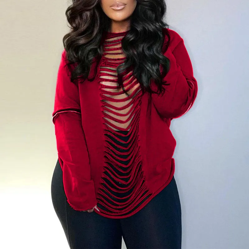 Solid Long Sleeve Cut Out Loose Top
