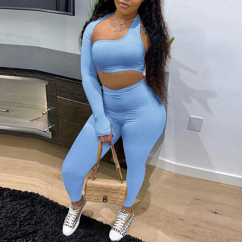 Solid One Shoulder Cut Out Crop Top & Pants Set