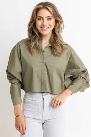 Solid Poplin Ruffle Back Button Top