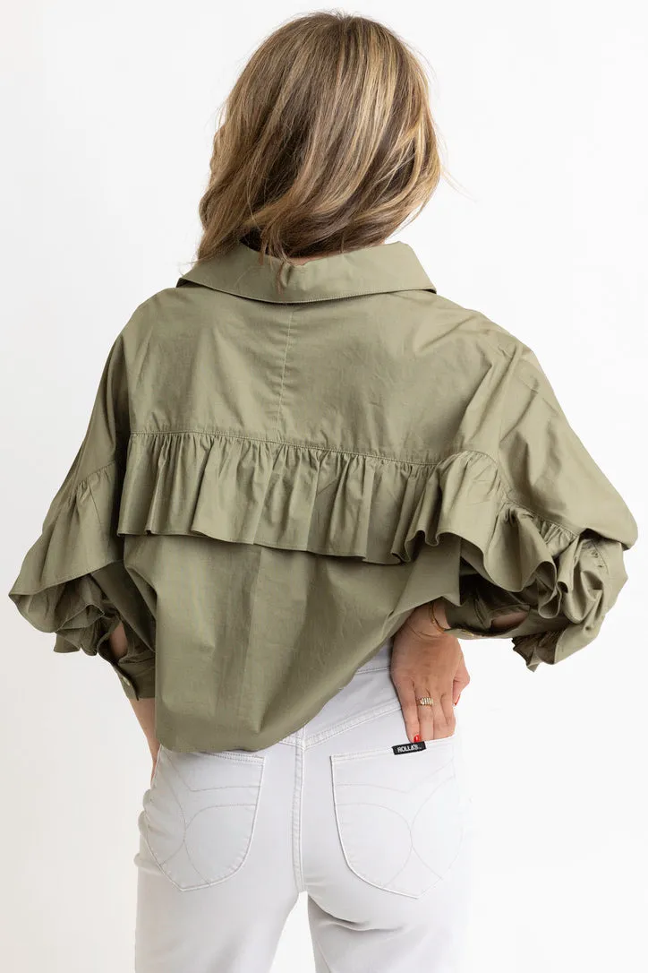Solid Poplin Ruffle Back Button Top