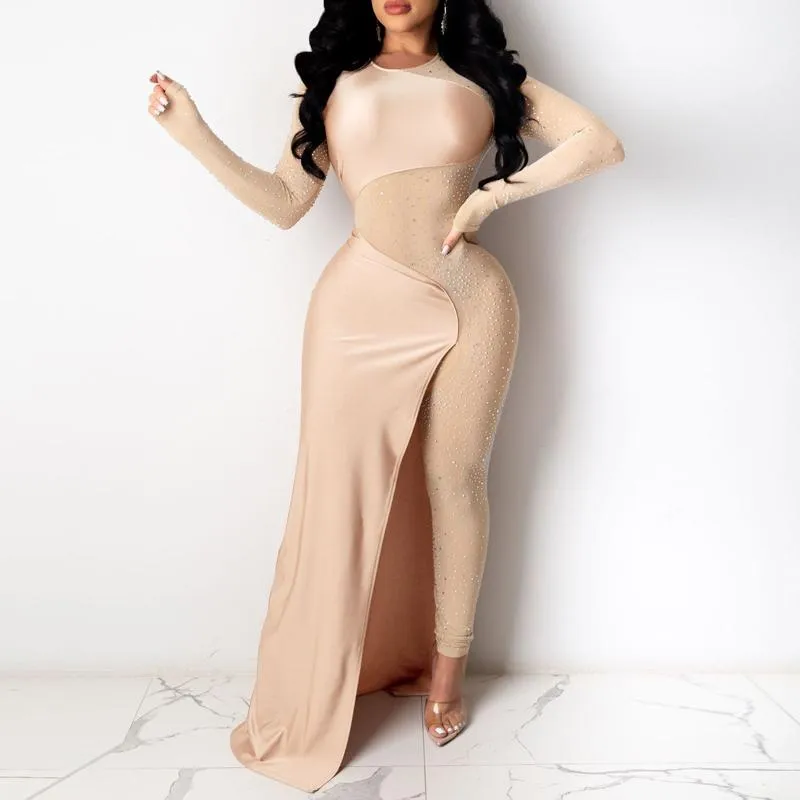 Solid Rhinestone Sheer Mesh Jumpsuit