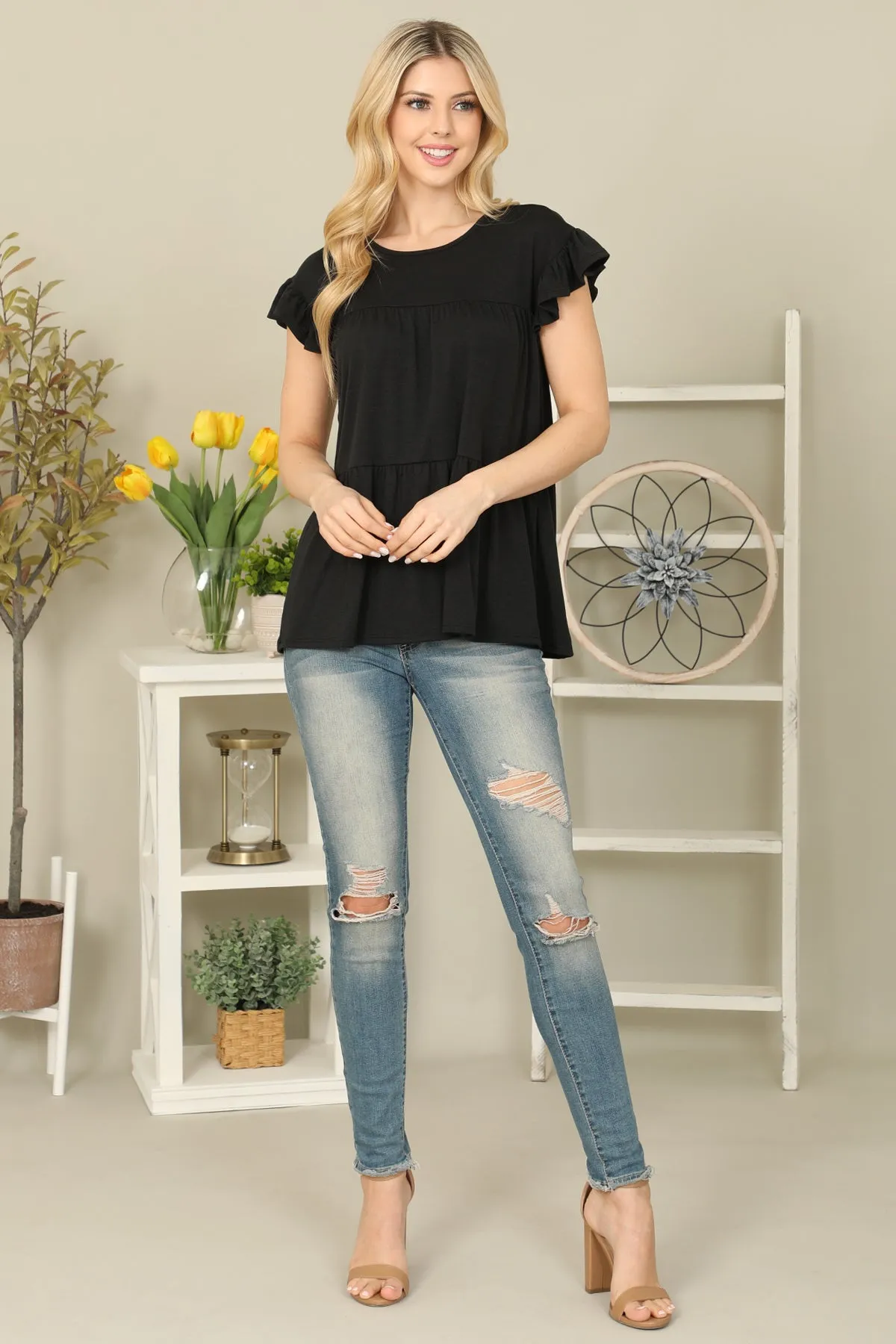 Solid Ruffle Sleeve Tiered Top