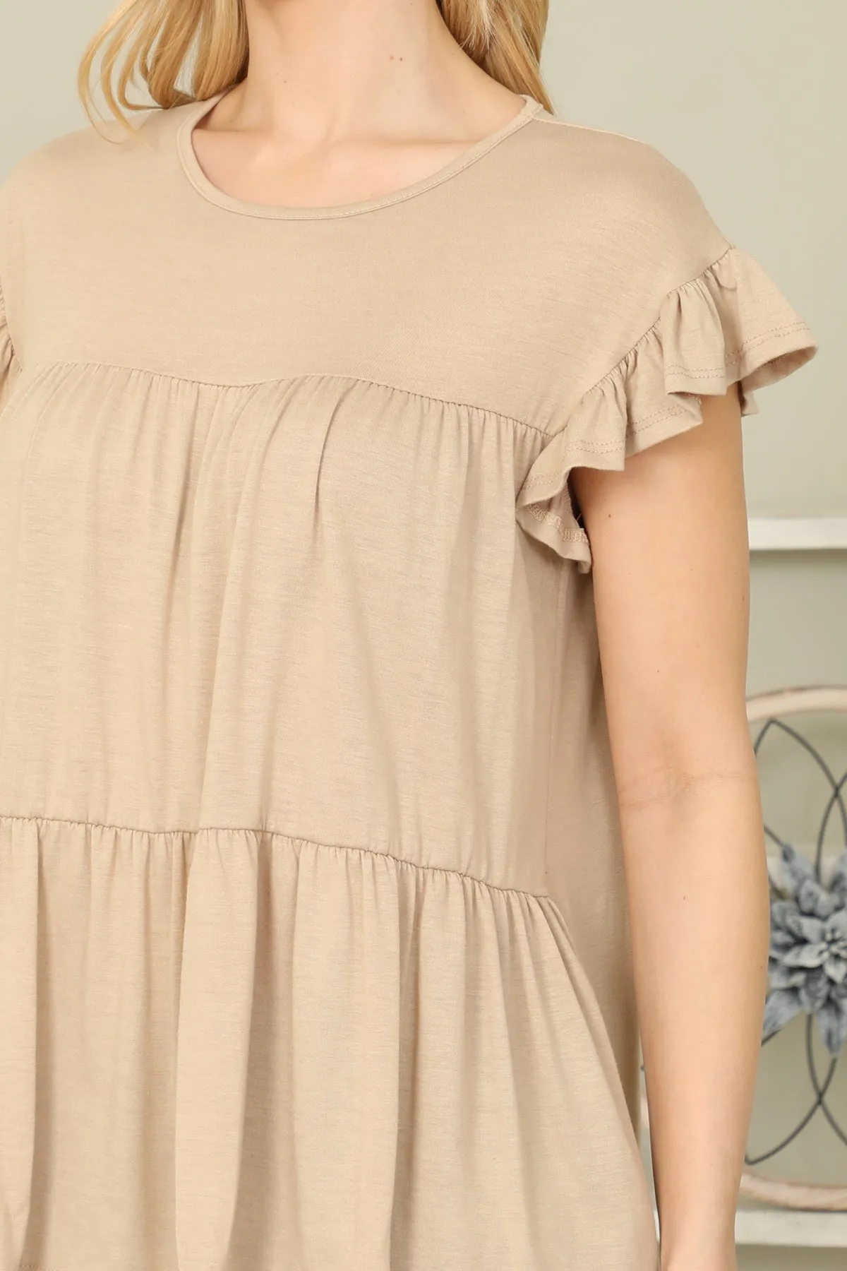 Solid Ruffle Sleeve Tiered Top