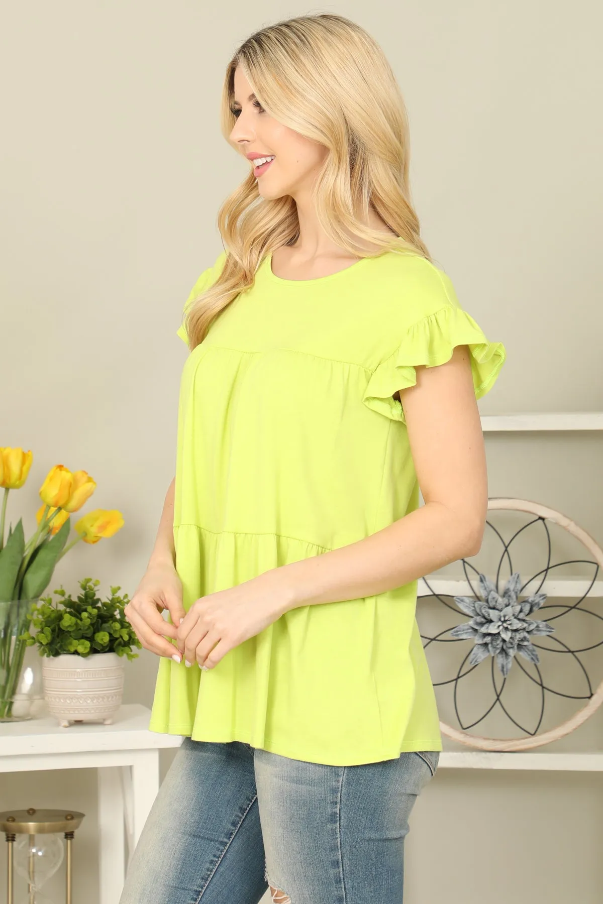 Solid Ruffle Sleeve Tiered Top