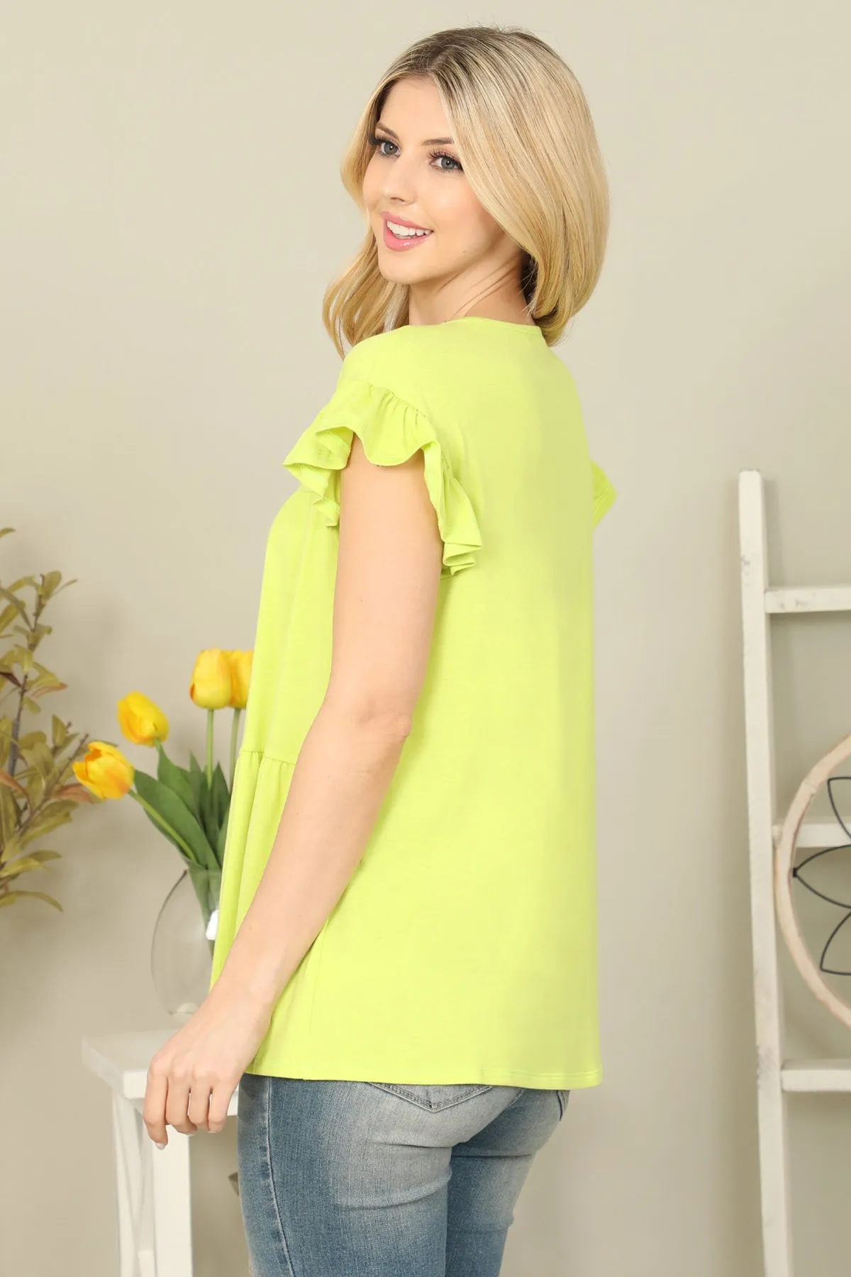 Solid Ruffle Sleeve Tiered Top