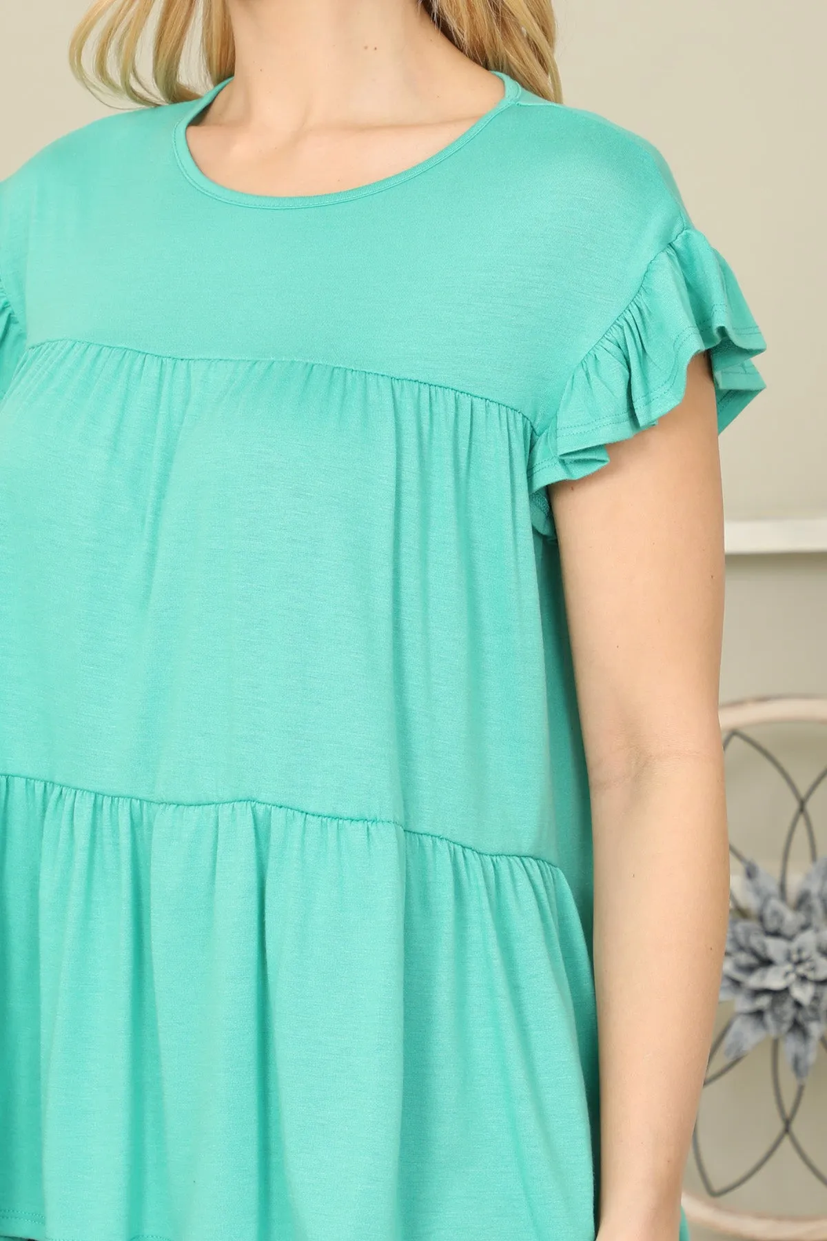 Solid Ruffle Sleeve Tiered Top