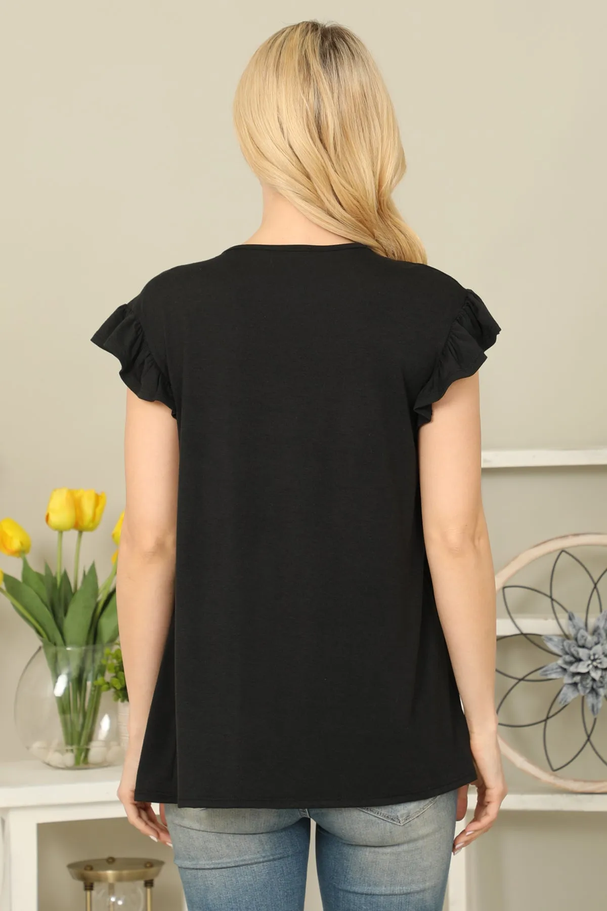 Solid Ruffle Sleeve Tiered Top