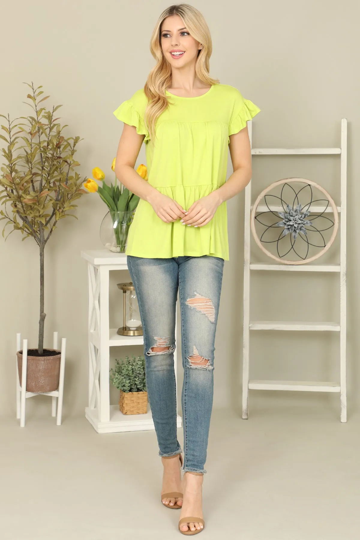 Solid Ruffle Sleeve Tiered Top