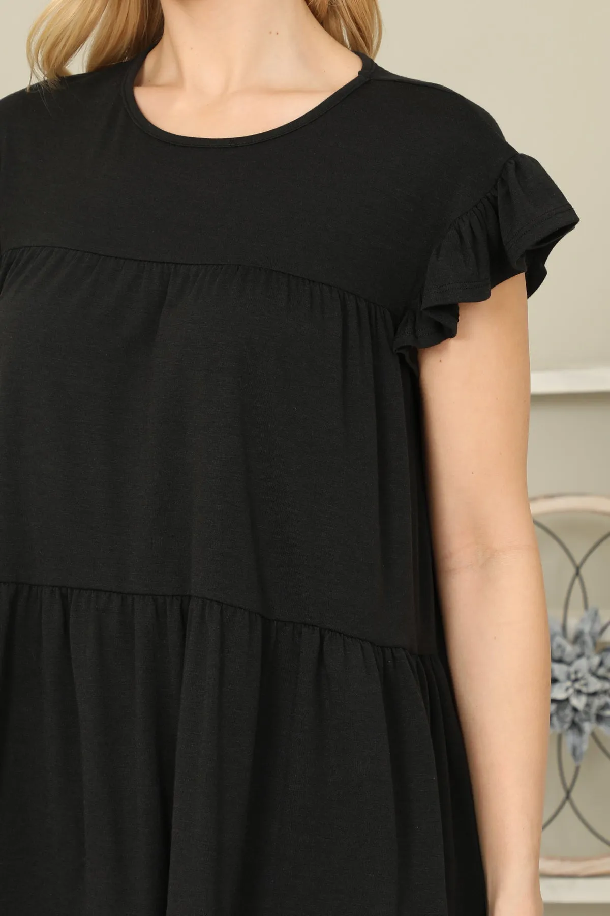 Solid Ruffle Sleeve Tiered Top