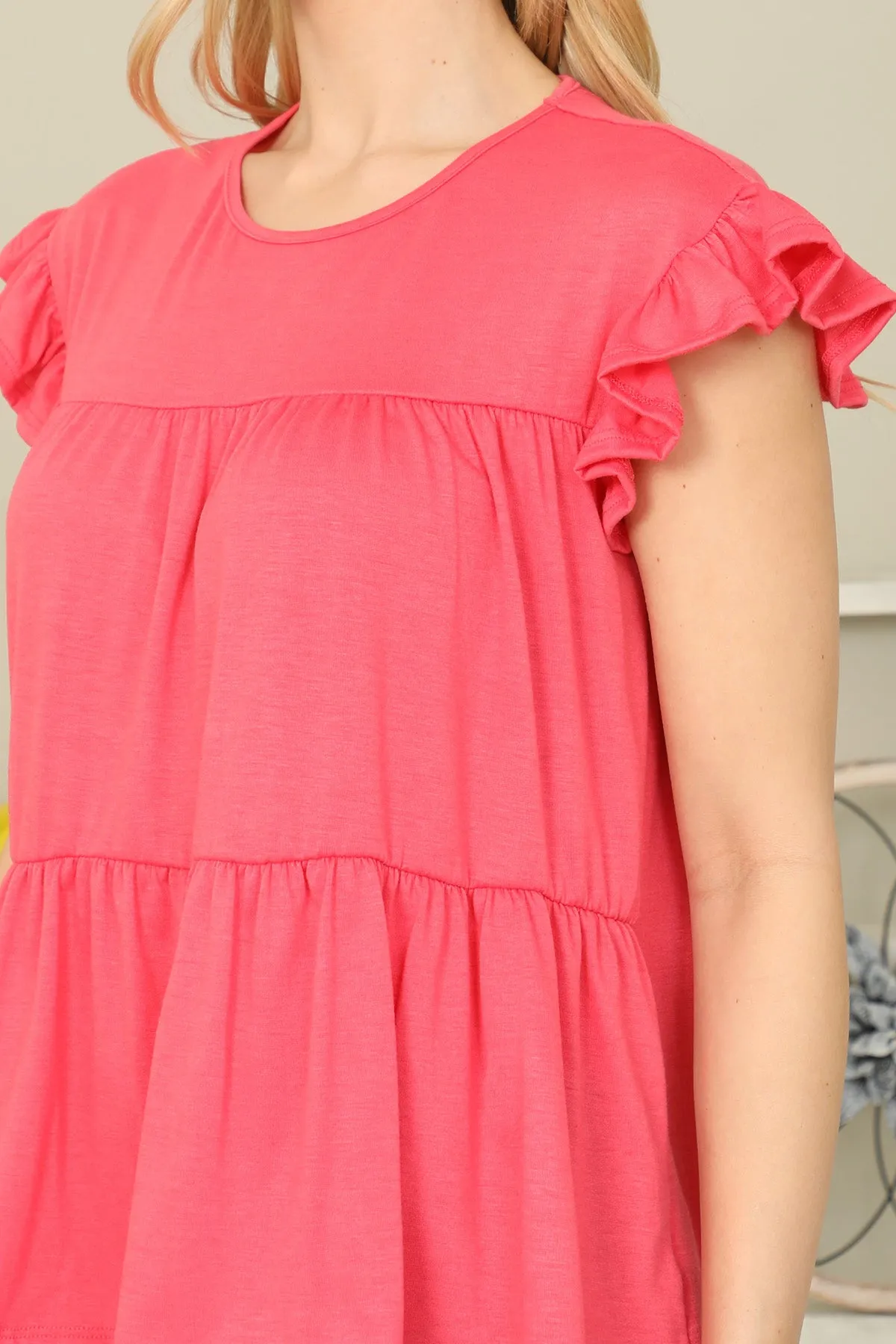 Solid Ruffle Sleeve Tiered Top