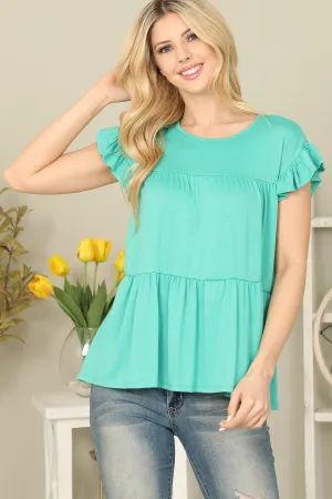 Solid Ruffle Sleeve Tiered Top