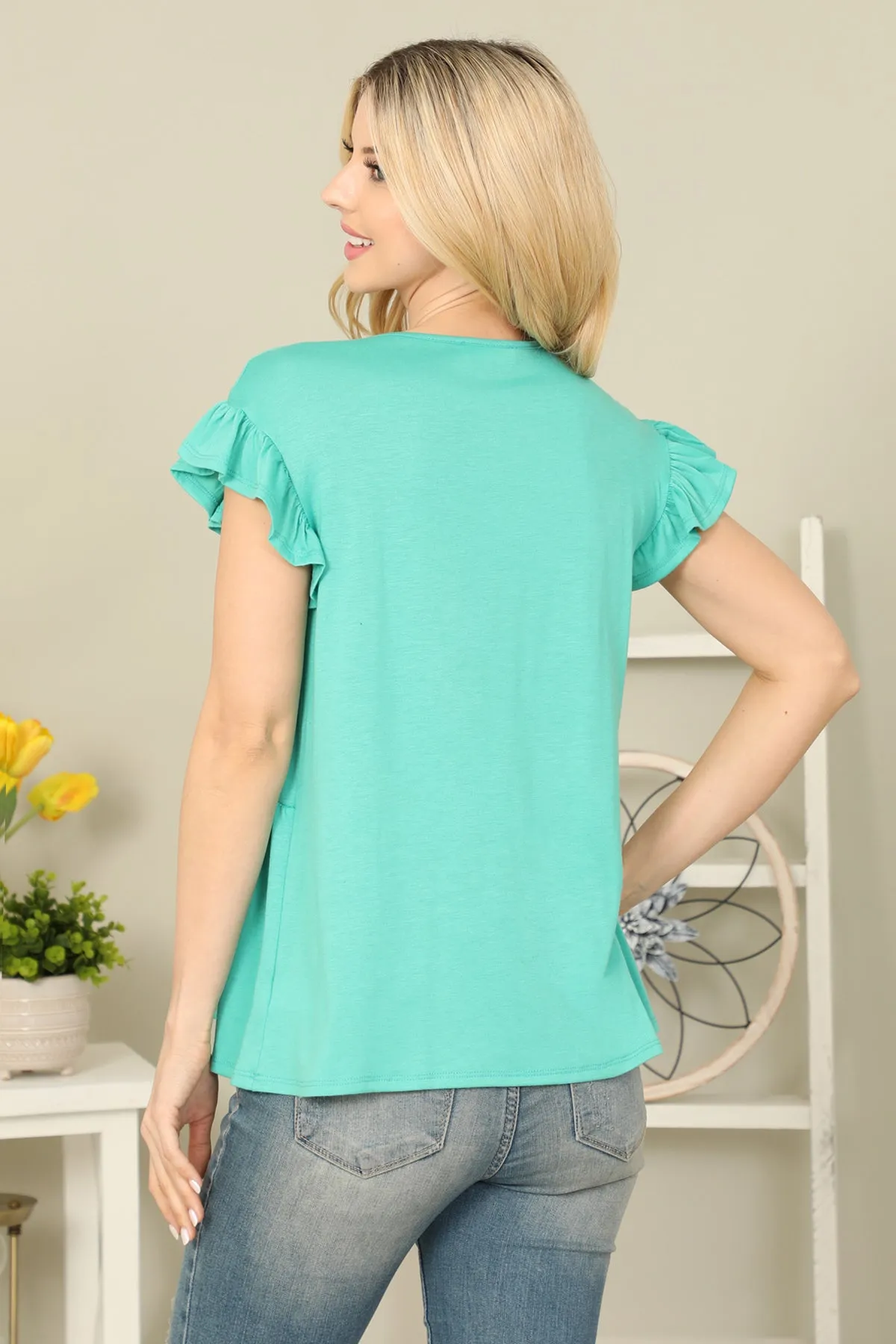 Solid Ruffle Sleeve Tiered Top