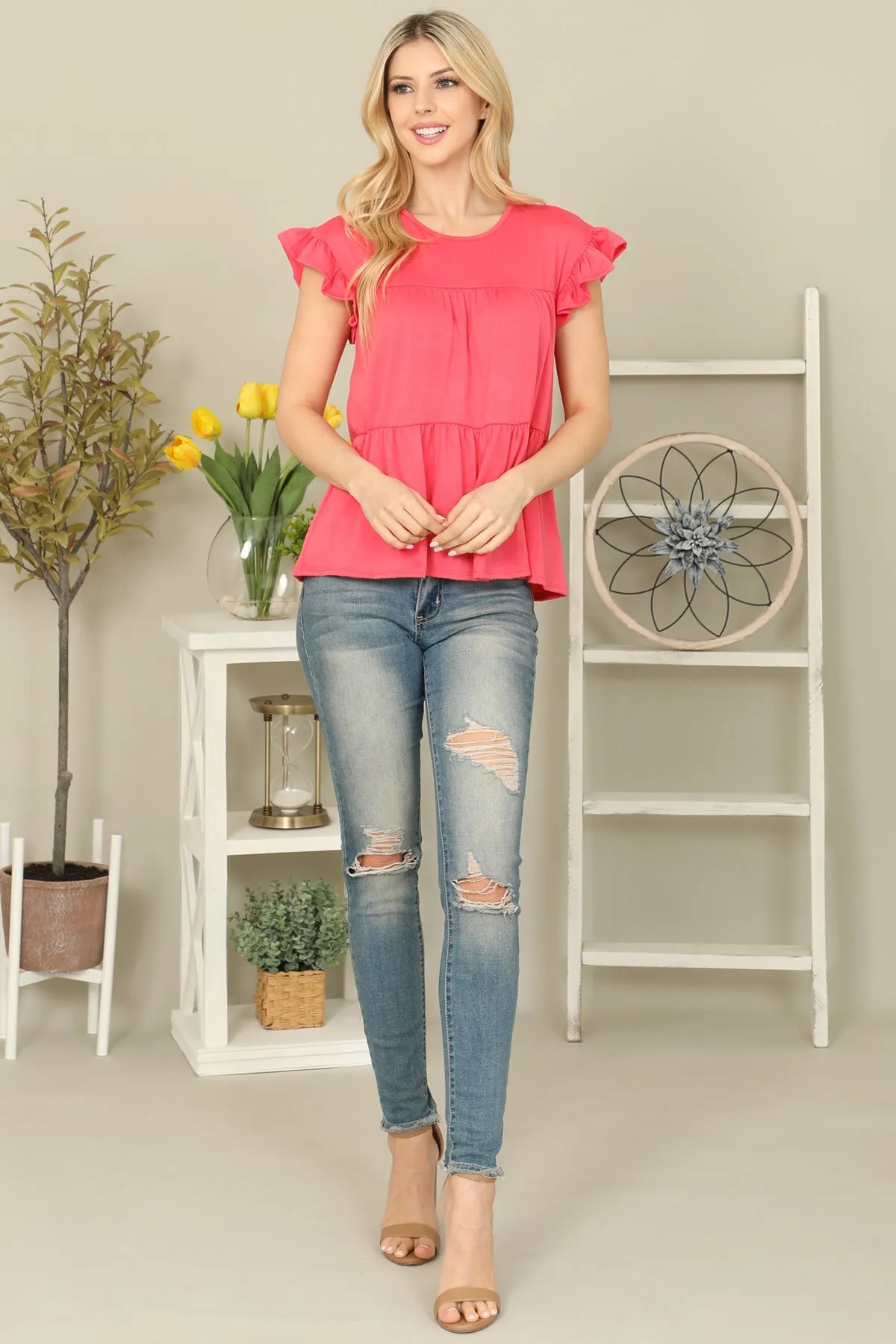 Solid Ruffle Sleeve Tiered Top