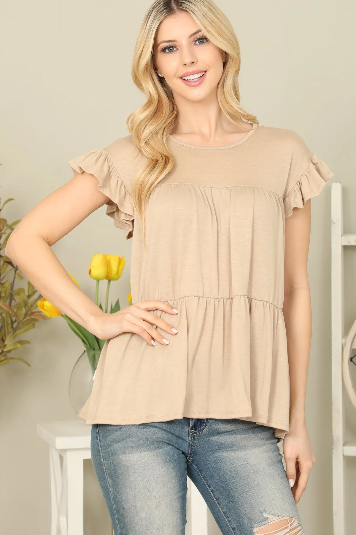 Solid Ruffle Sleeve Tiered Top