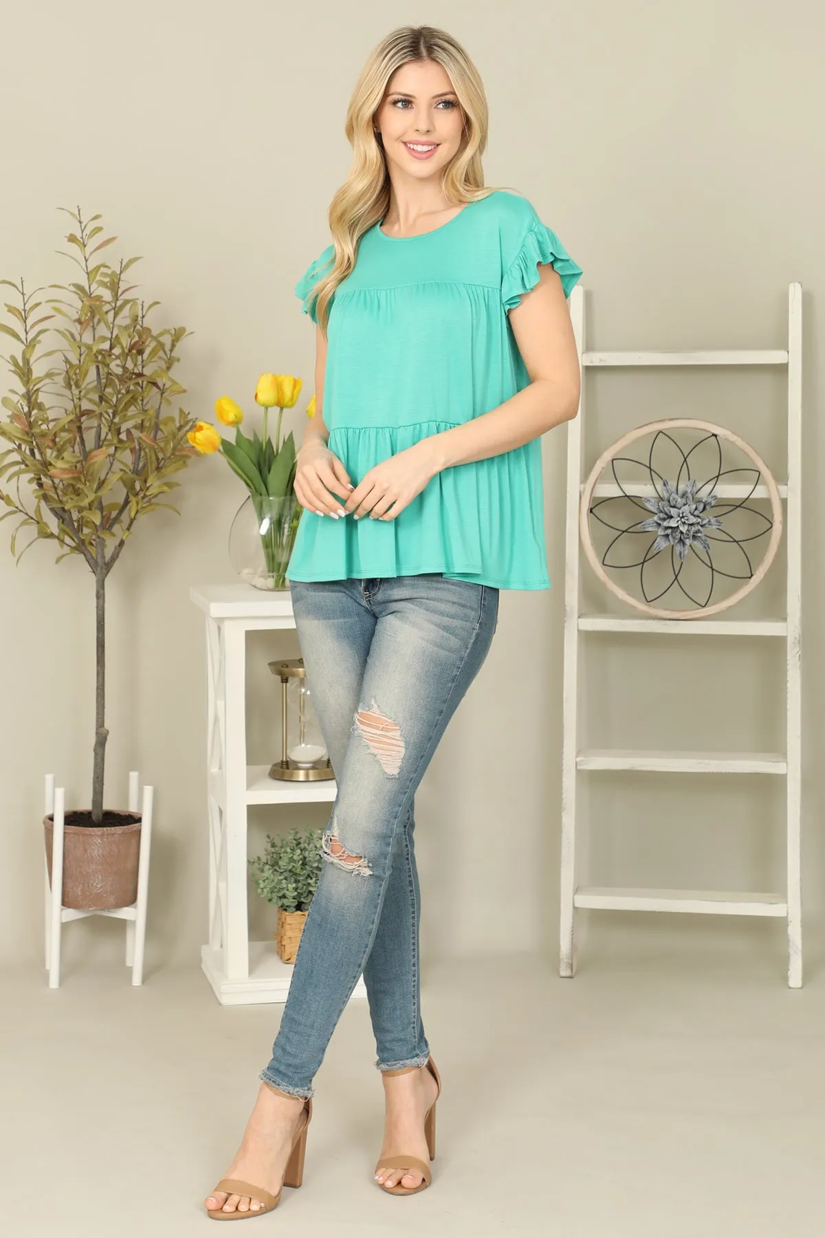 Solid Ruffle Sleeve Tiered Top