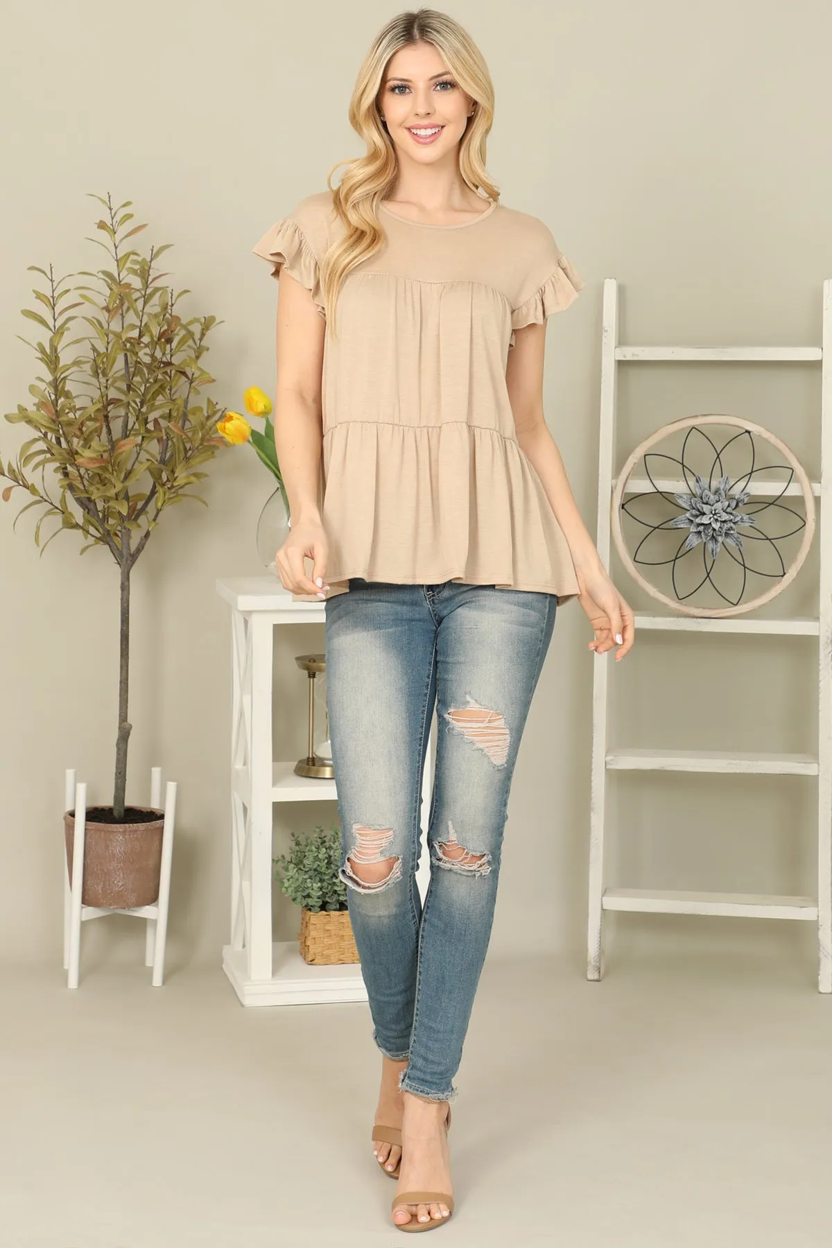 Solid Ruffle Sleeve Tiered Top