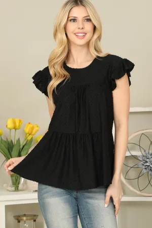 Solid Swiss Dot Ruffle Sleeve Tiered Top