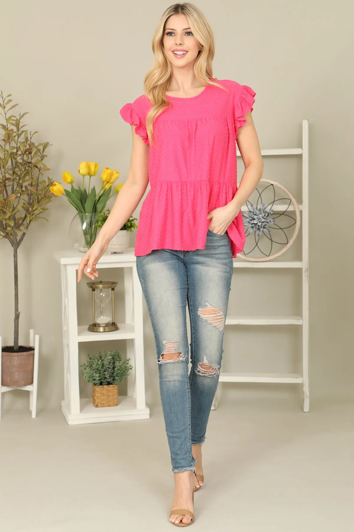 Solid Swiss Dot Ruffle Sleeve Tiered Top