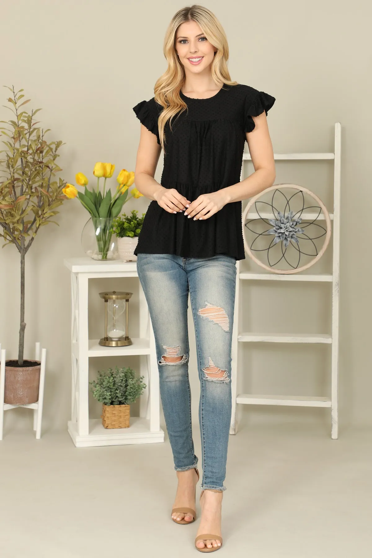 Solid Swiss Dot Ruffle Sleeve Tiered Top