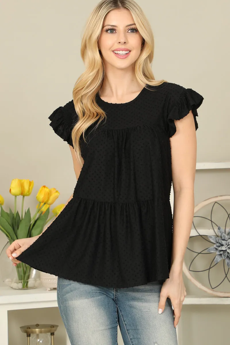 Solid Swiss Dot Ruffle Sleeve Tiered Top