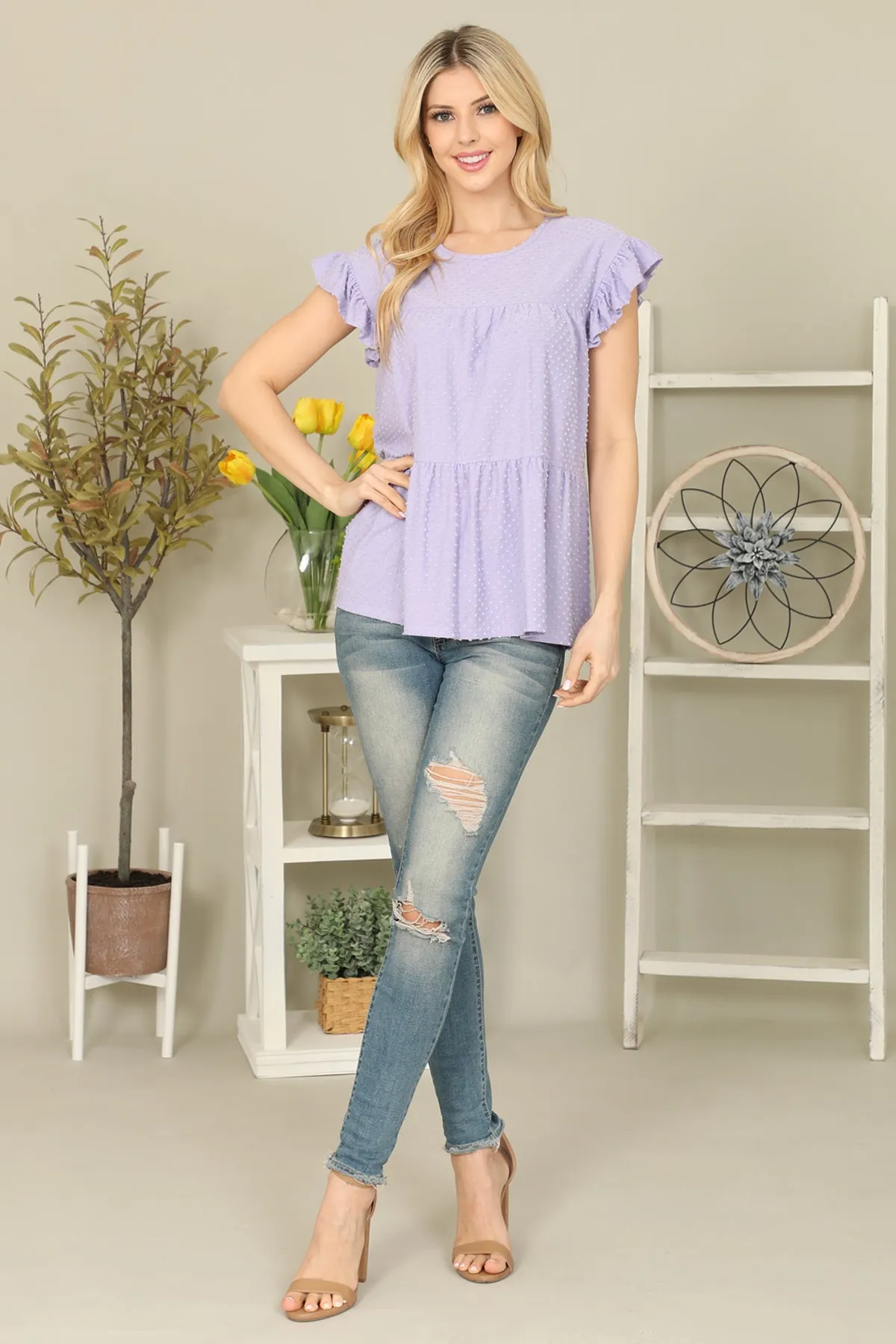Solid Swiss Dot Ruffle Sleeve Tiered Top