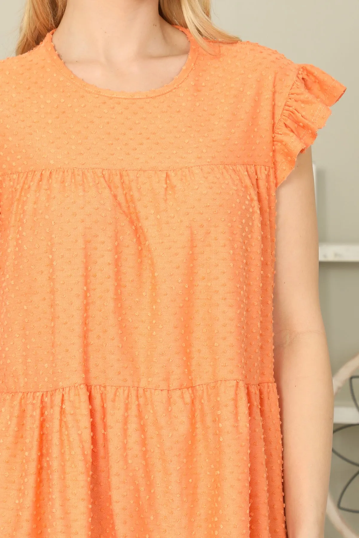 Solid Swiss Dot Ruffle Sleeve Tiered Top