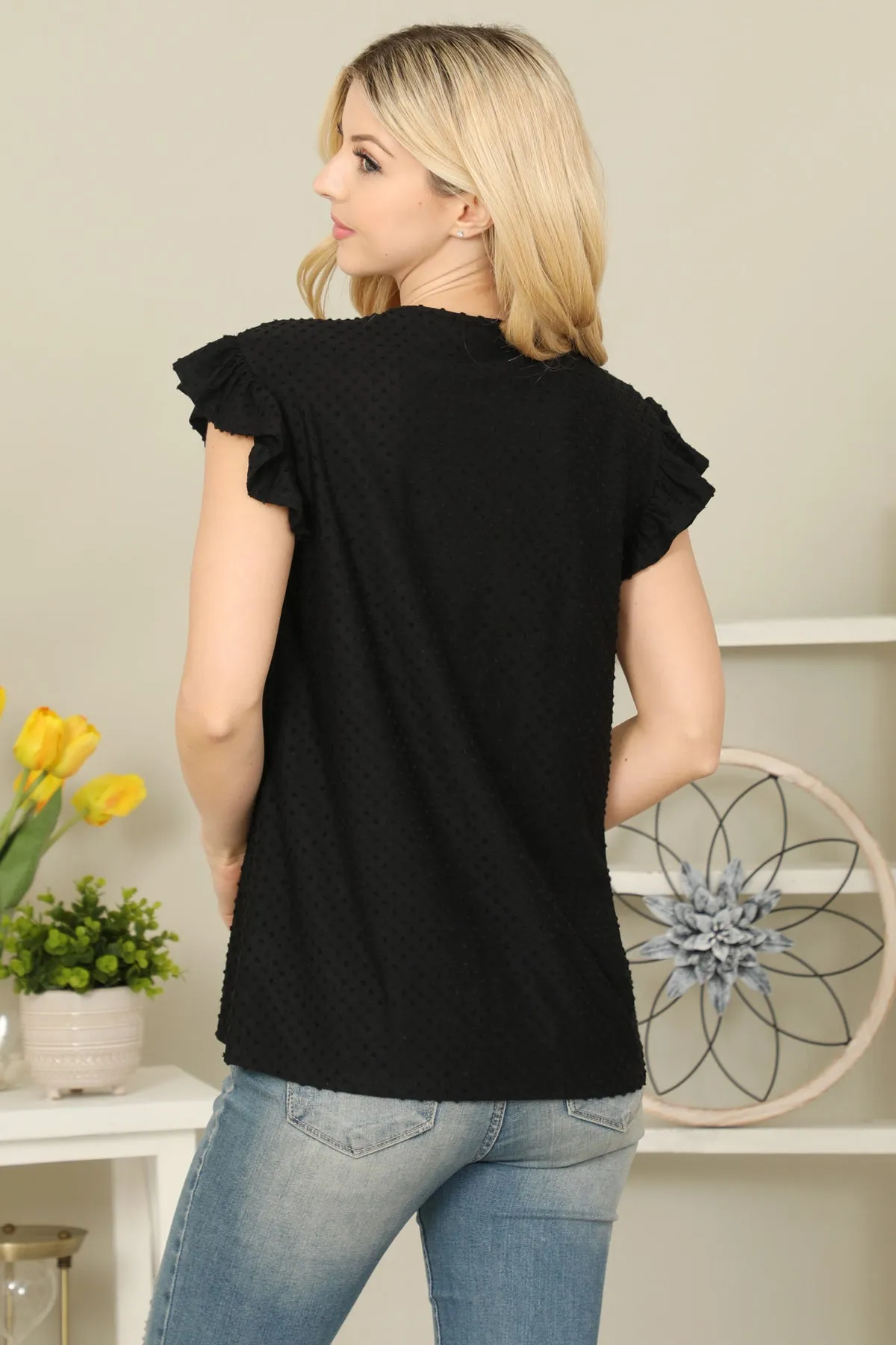 Solid Swiss Dot Ruffle Sleeve Tiered Top