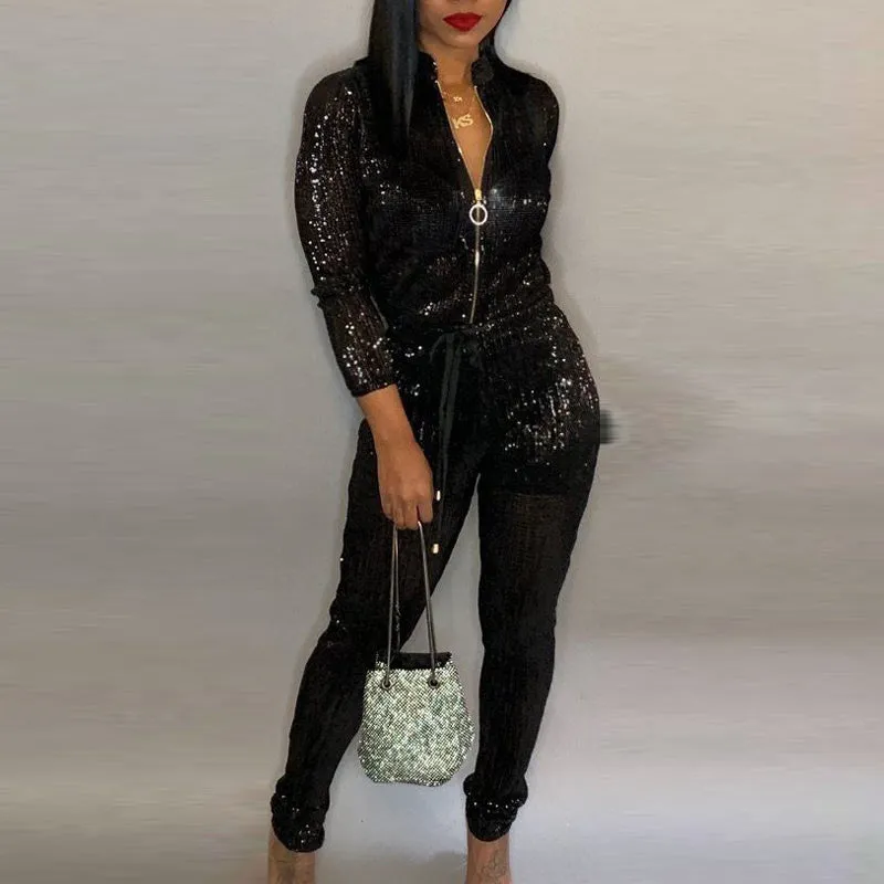Solid V-Neck Long Sleeve Jumpsuit With Belt