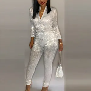 Solid V-Neck Long Sleeve Jumpsuit With Belt