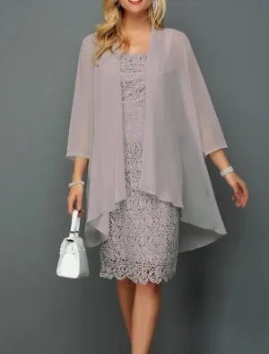 Square Neck Knee Length Lace Two Piece Sheath Mother of Bride Dress