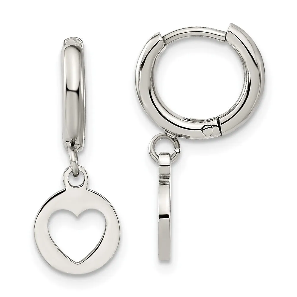 Stainless Steel Polished Cut Out Heart Dangle Hoop Earrings