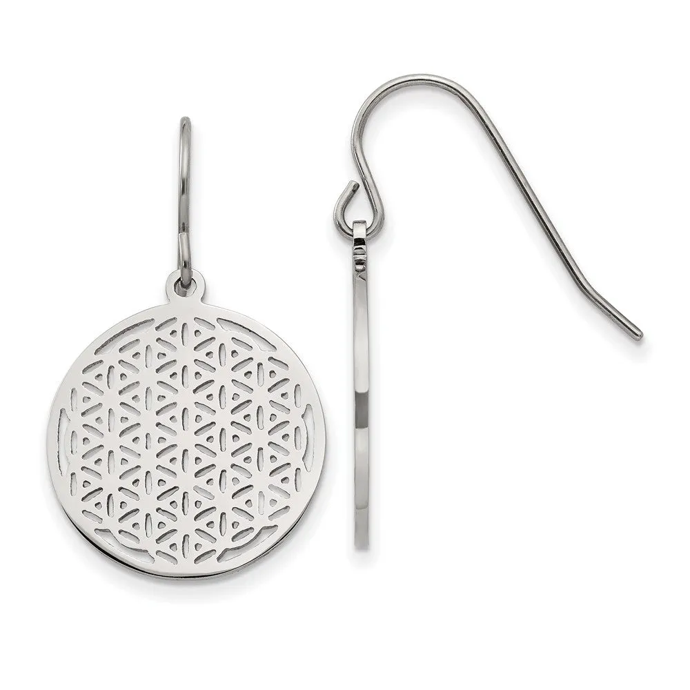 Stainless Steel Polished Flower Cut-out Dangle Shepherd Hook Earrings