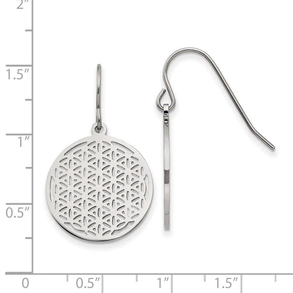 Stainless Steel Polished Flower Cut-out Dangle Shepherd Hook Earrings