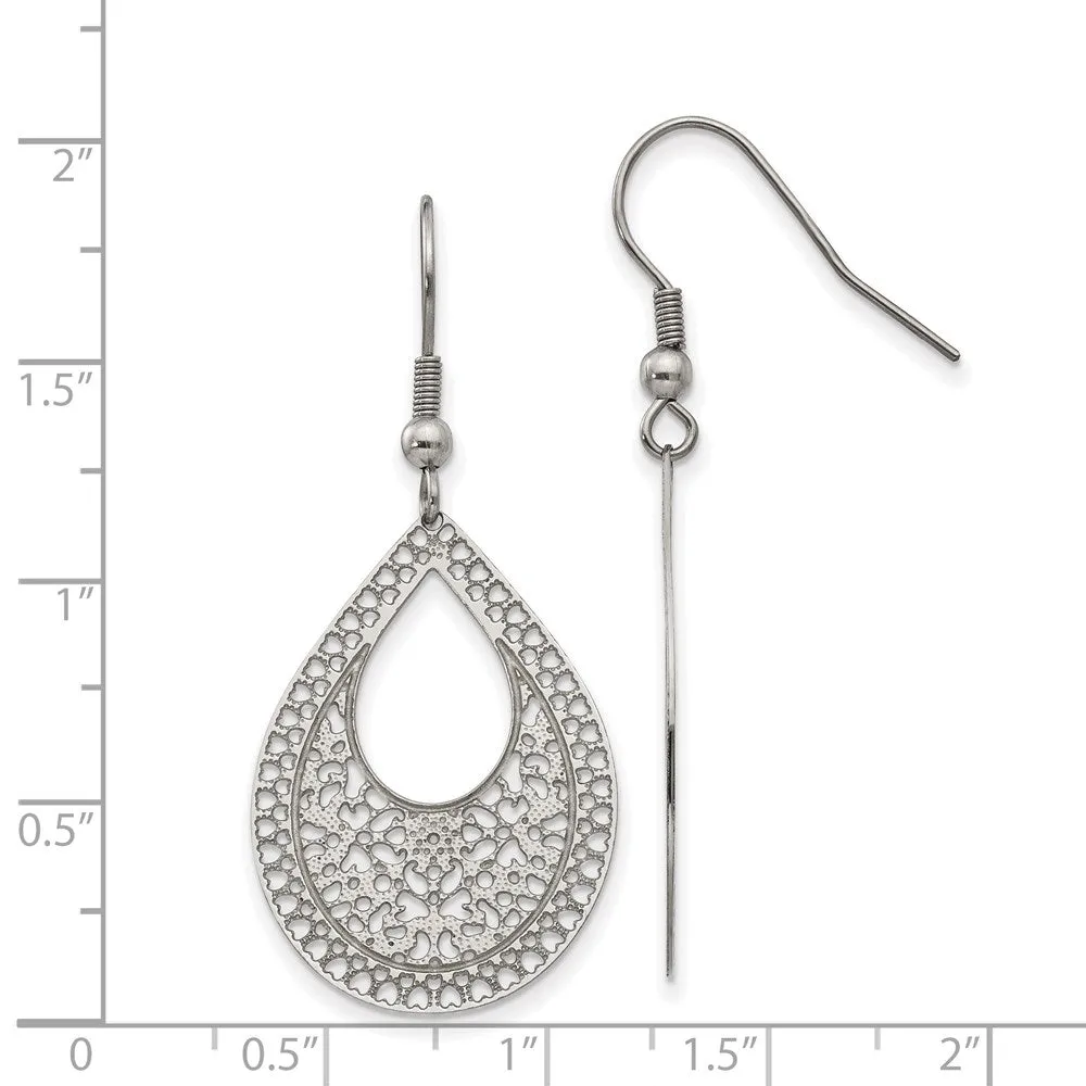 Stainless Steel Polished Textured Cut-out Design Dangle Earrings
