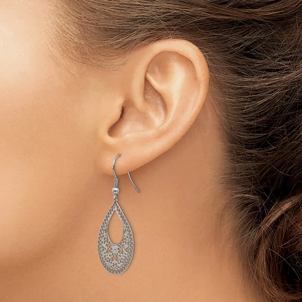 Stainless Steel Polished Textured Cut-out Design Dangle Earrings