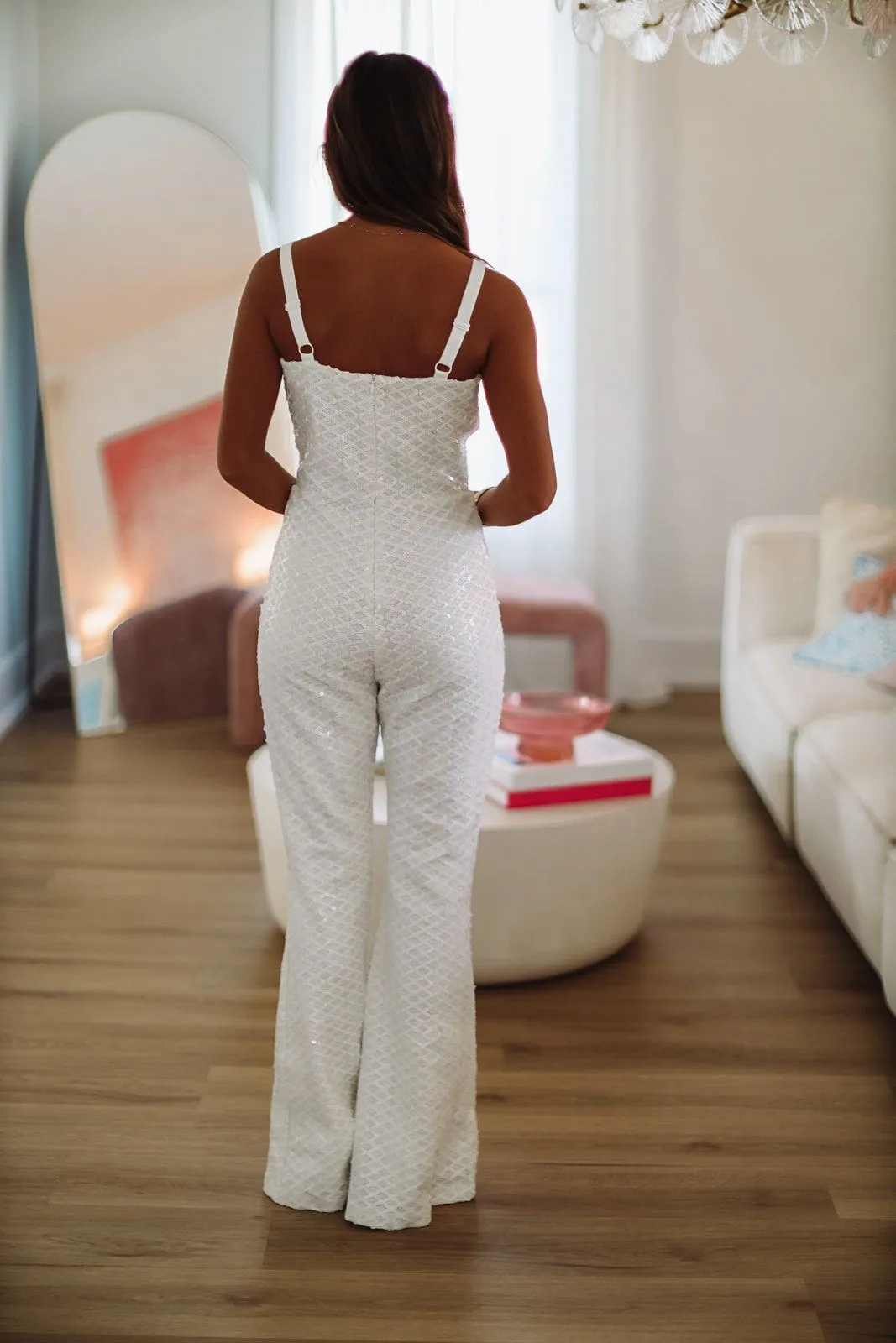 Stay Dolled Up Sequin Jumpsuit - White