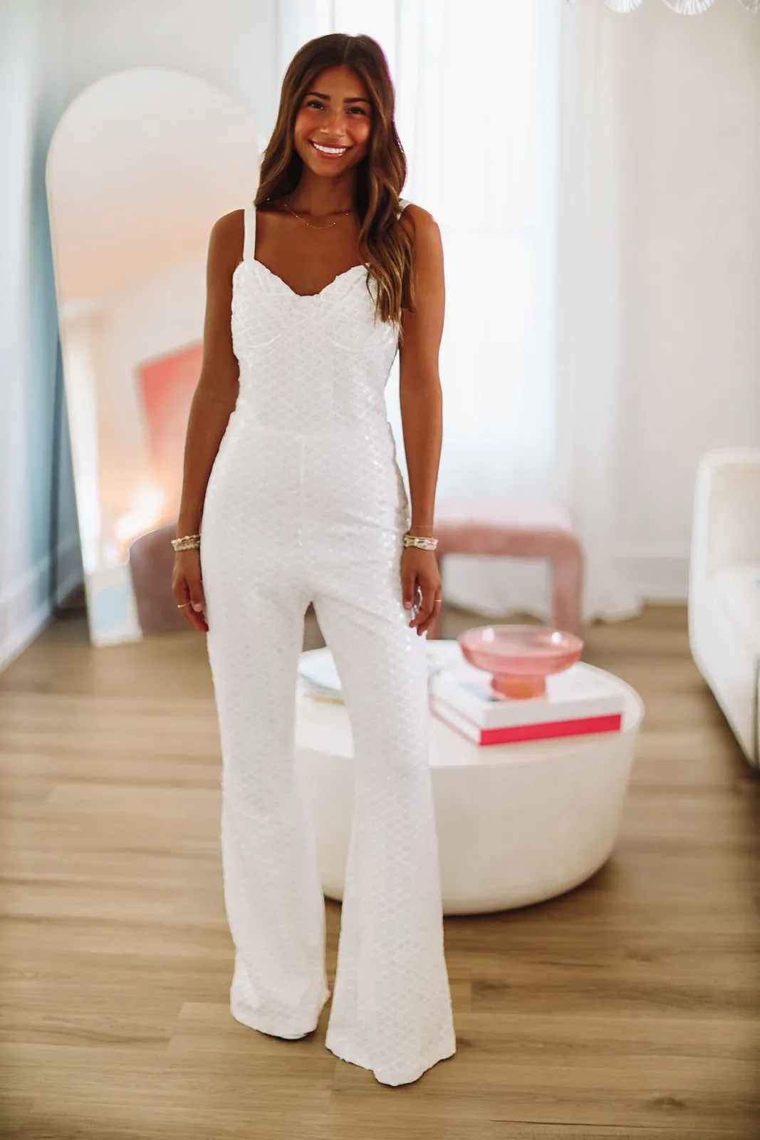 Stay Dolled Up Sequin Jumpsuit - White