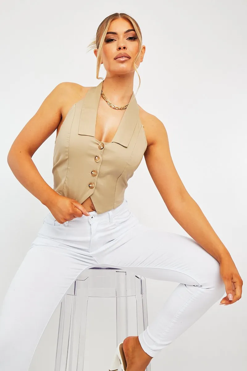 Stone Halterneck Plunge Waistcoat Top - Hazley