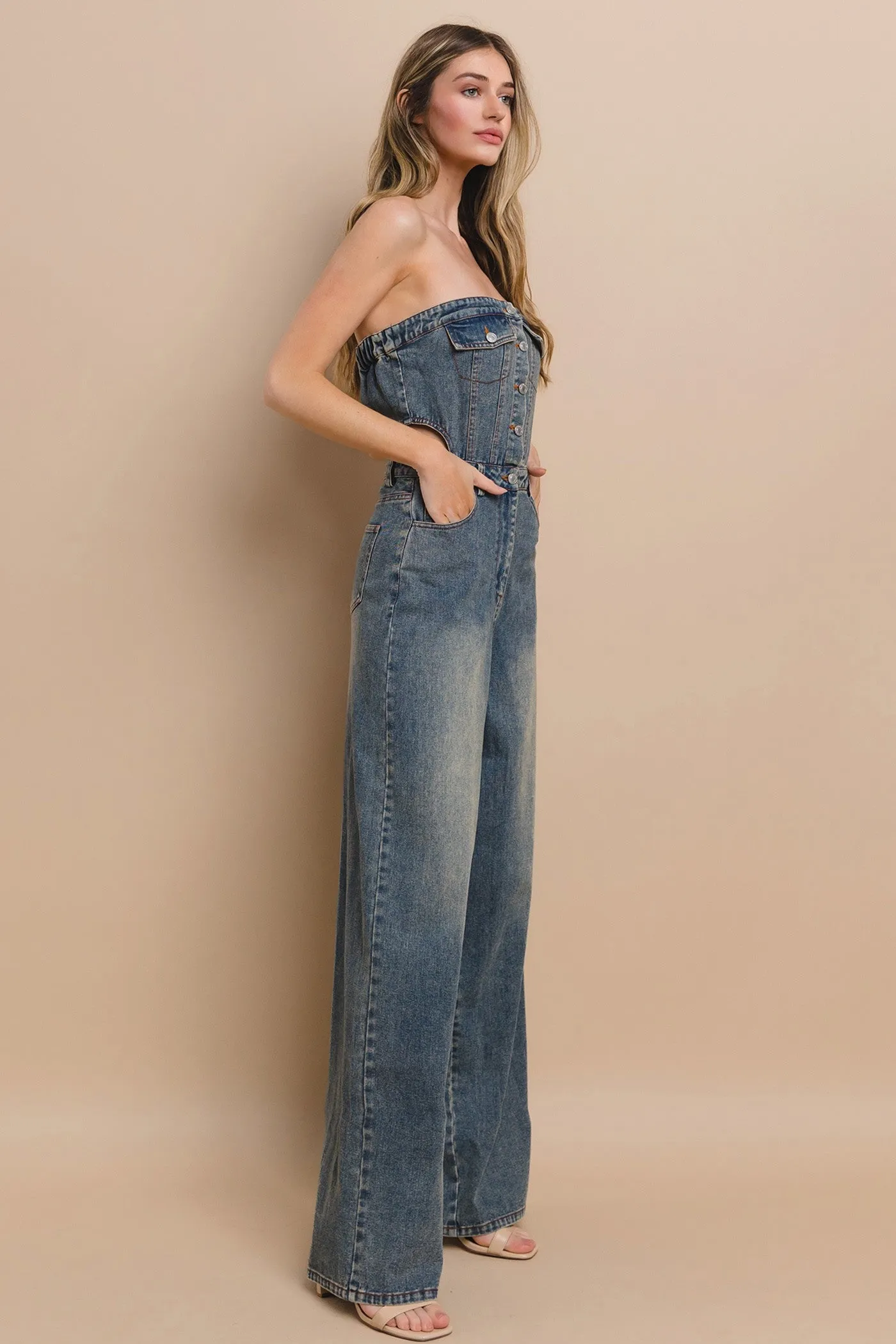 STRAPLESS CUTOUT DENIM JUMPSUIT