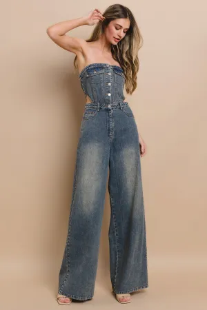 STRAPLESS CUTOUT DENIM JUMPSUIT